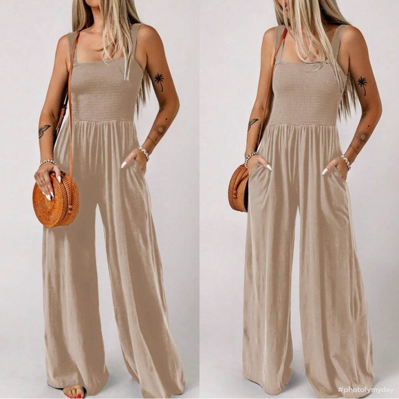 Boho Smocked Pocket Wide Leg Pants Jumpsuit Navy Blue - Picture 2 of 5